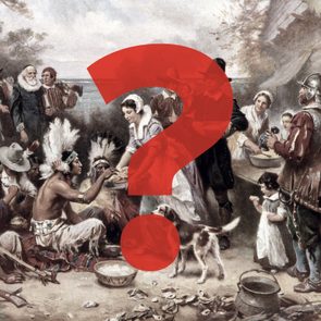 photo of the history of Thanksgiving with a giant red question mark in front of it