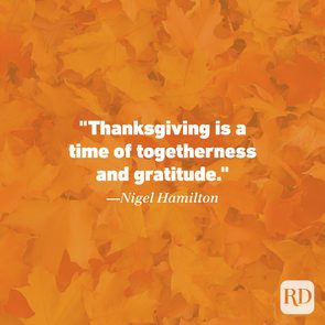 Thanksgiving Quote by Nigel Hamilton against orange background with leaves