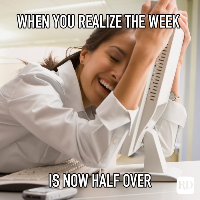 When You Realize The Week Is Now Half Over meme text over image of woman hugging computer