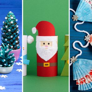 Collage of different kids Christmas crafts divided by thin white lines