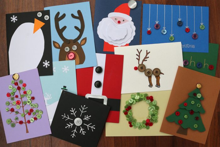 homemade DIY easy Christmas cards designs with cut-outs Santa Claus, snowmen, snowflakes, reindeer, Xmas trees with baubles, wreaths, penguins, buttons