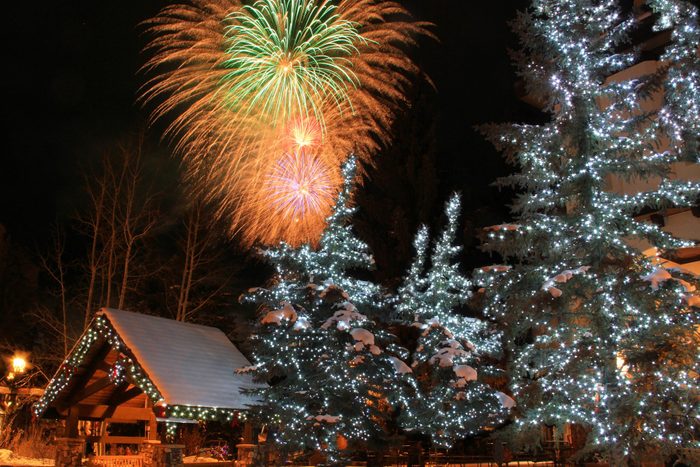 Fireworks with snow in winter