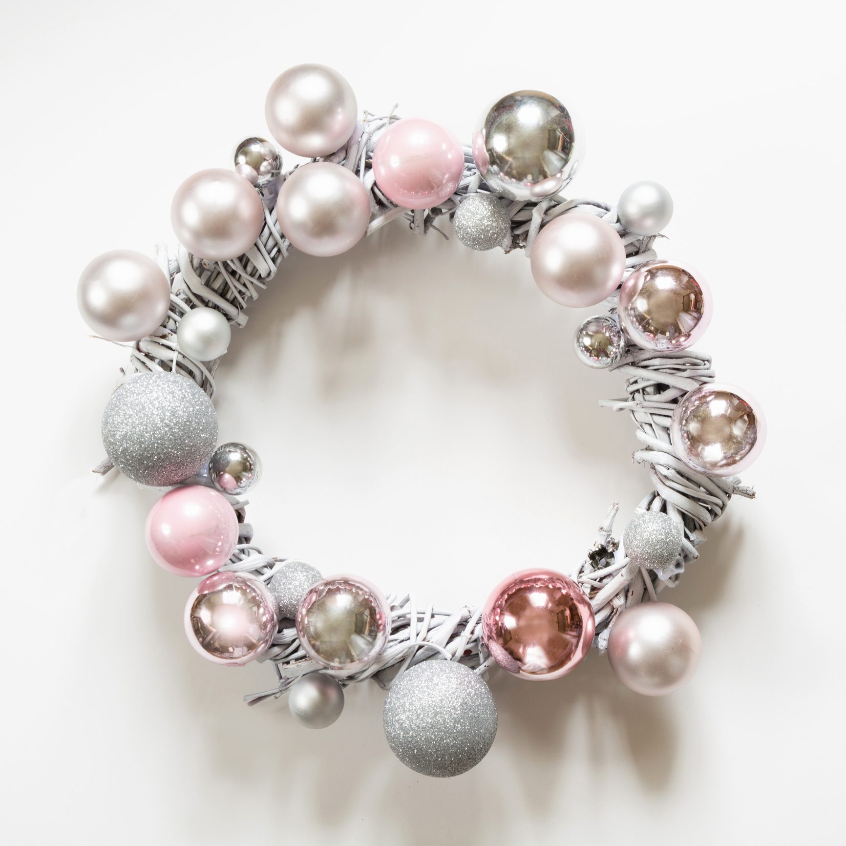 Christmas Wreath Of Decor, Silver And Pink Balls, Painted Vine On White.