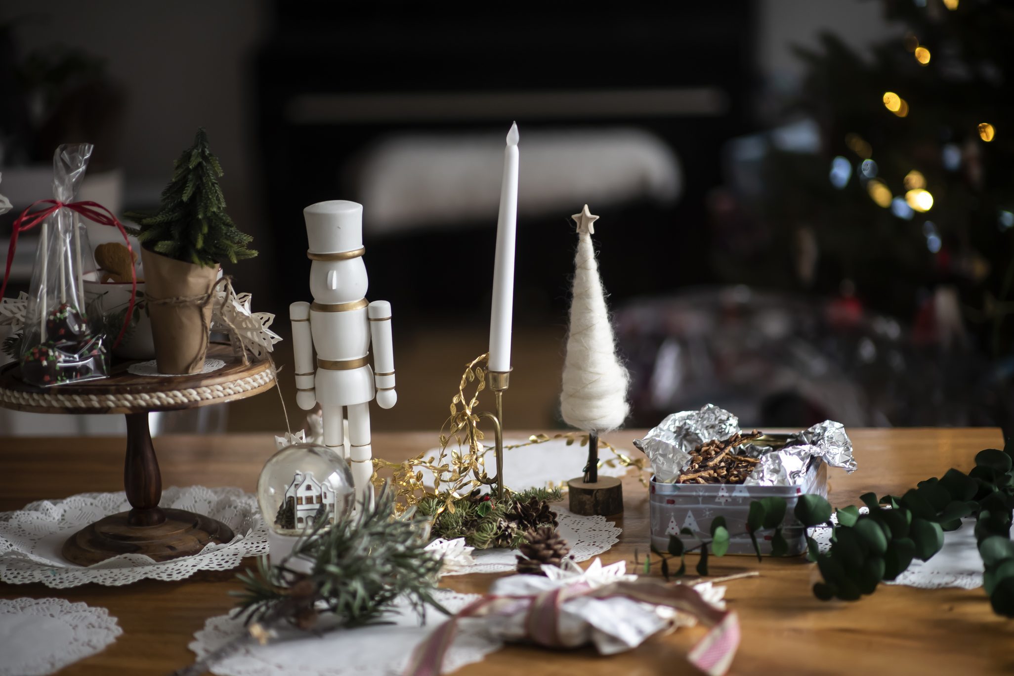 yarn christmas tree decoration on dining table