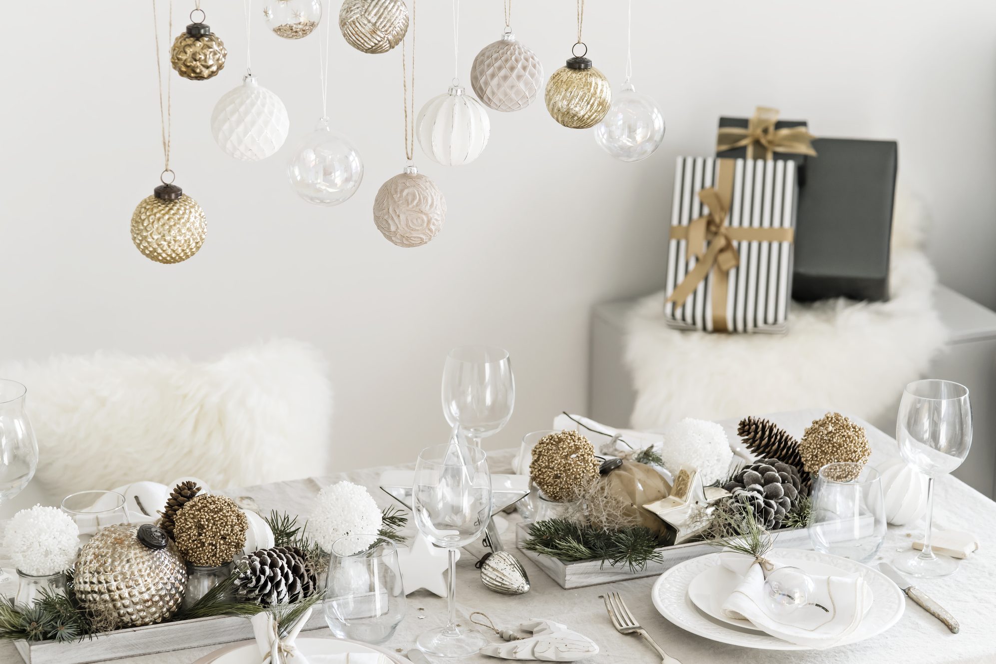 christmas ornaments hanging over dining table