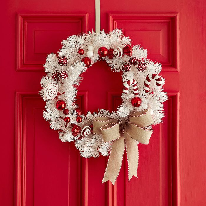 Peppermint Lane Wreath on red front door