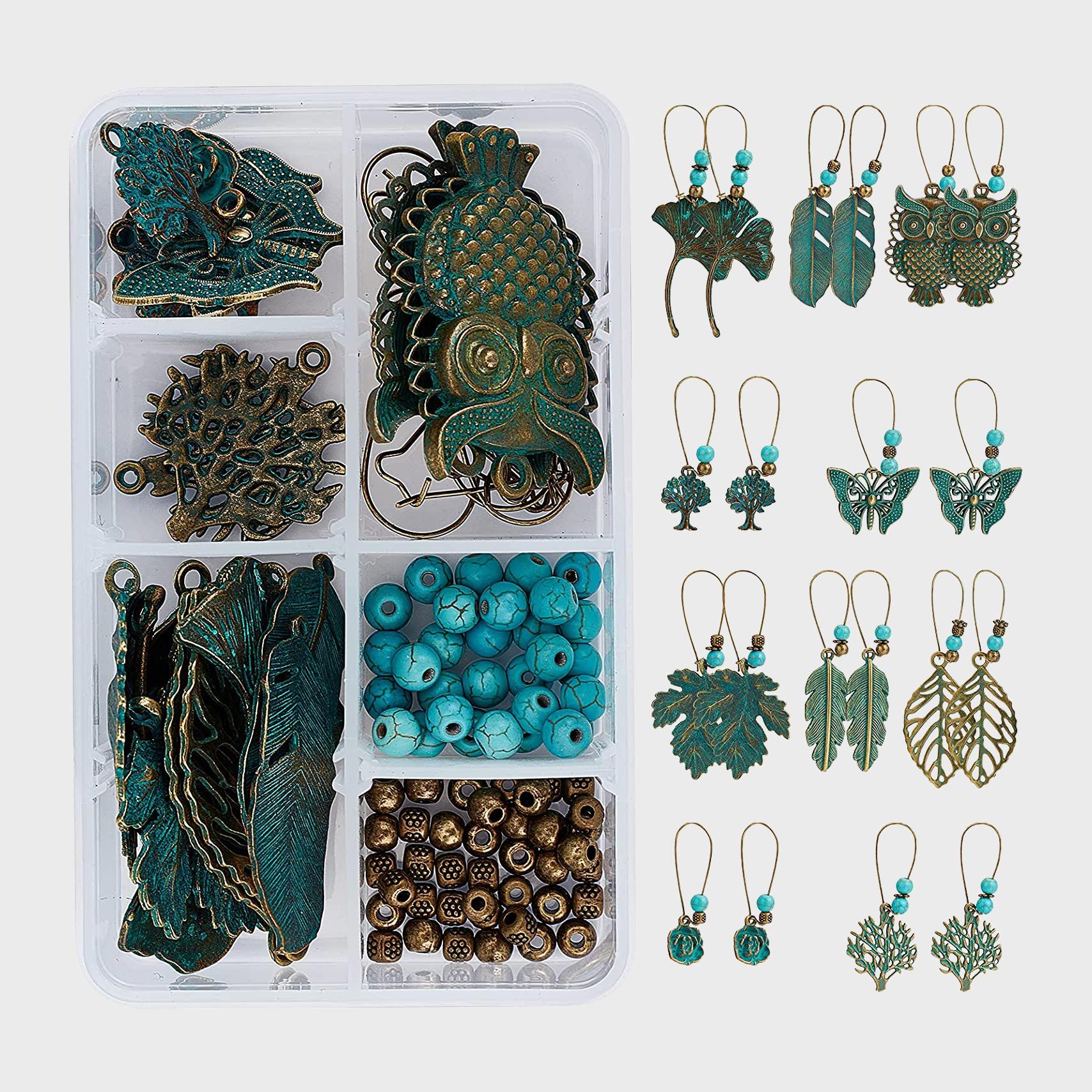 Sunnyclue 1 Box Diy 10 Pairs Green Patina Vintage Hollow Bohemian Dangle Earrings Making Kit