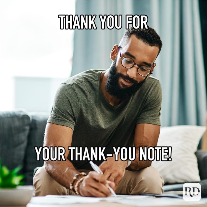 Man writing a note. Meme text: Thank You For Your Thank-You Note!