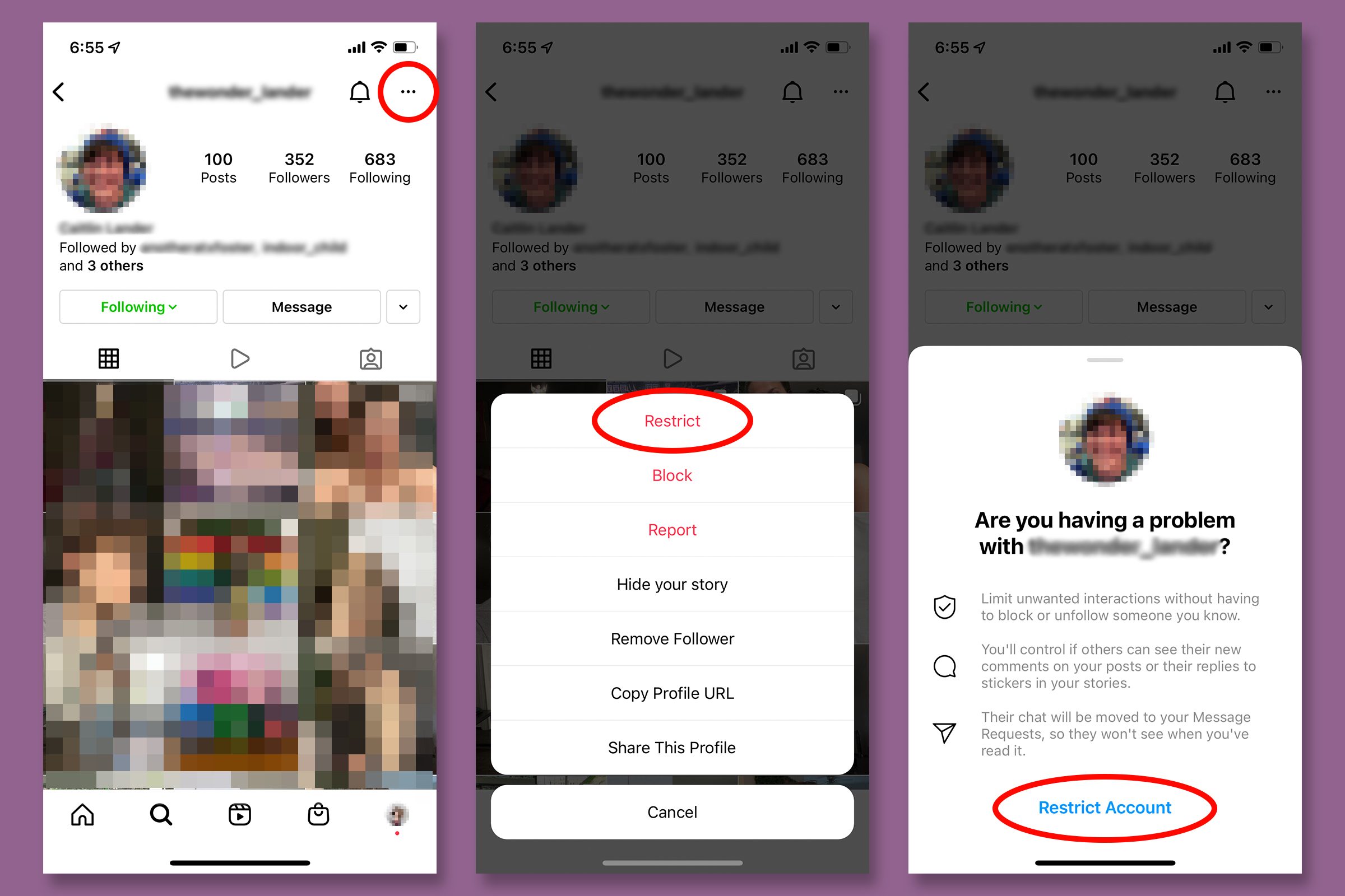 screenshots showing how to Restrict An Account On Instagram from their account page