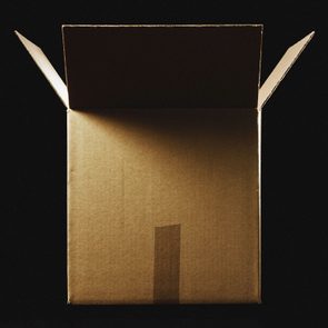 mysterious, unexpected cardboard box package on black background with dramatic lighting to represent brushing scam