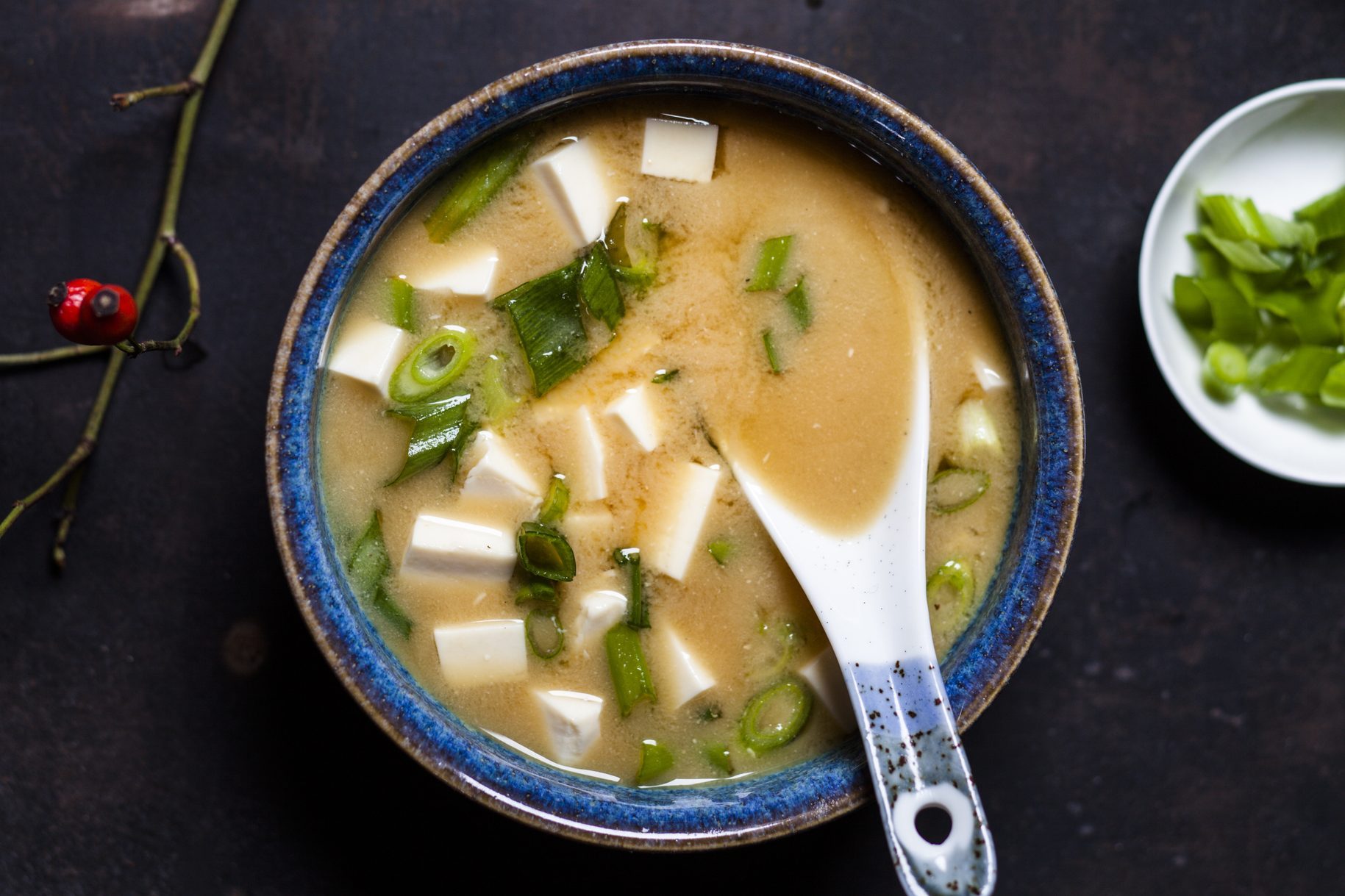 Miso soup, silken tofu, wakame seaweed, spring onion