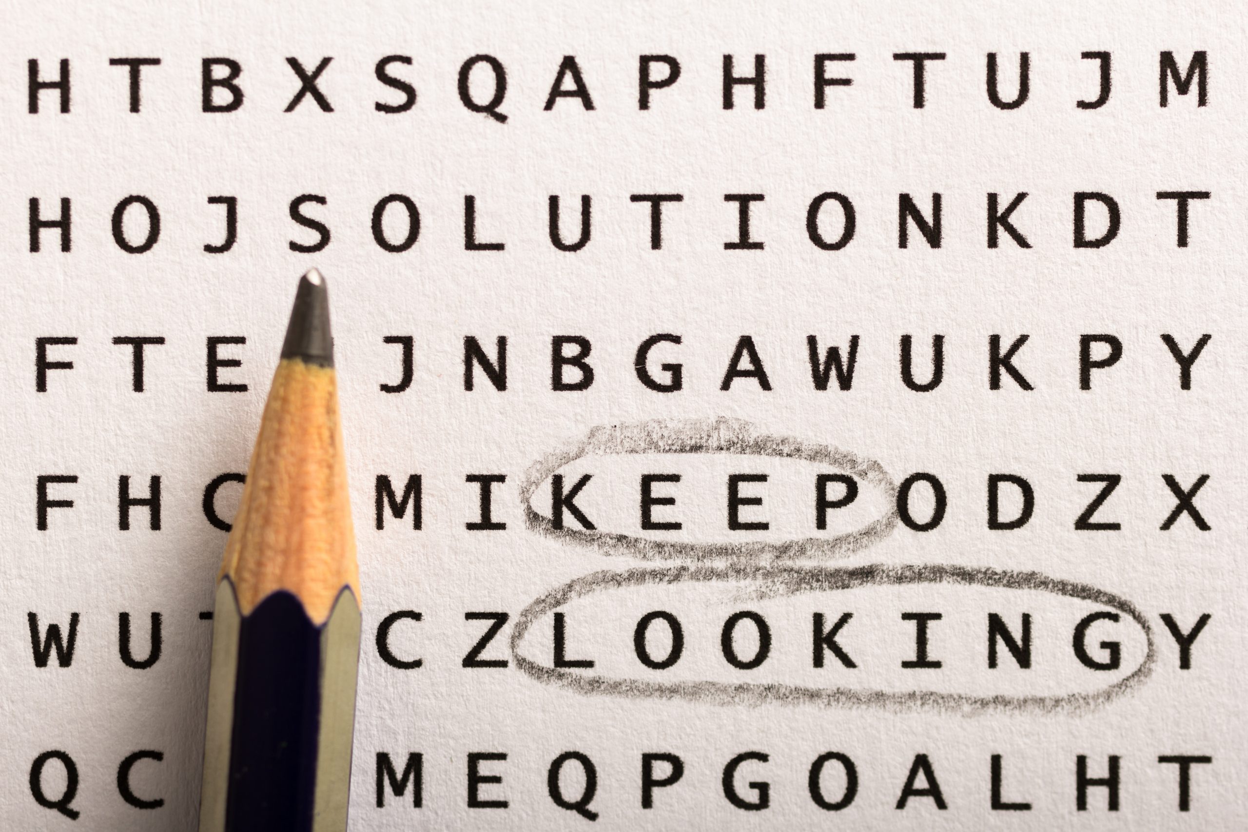 Word search, puzzle. Concept about finding, keep looking, persistence.