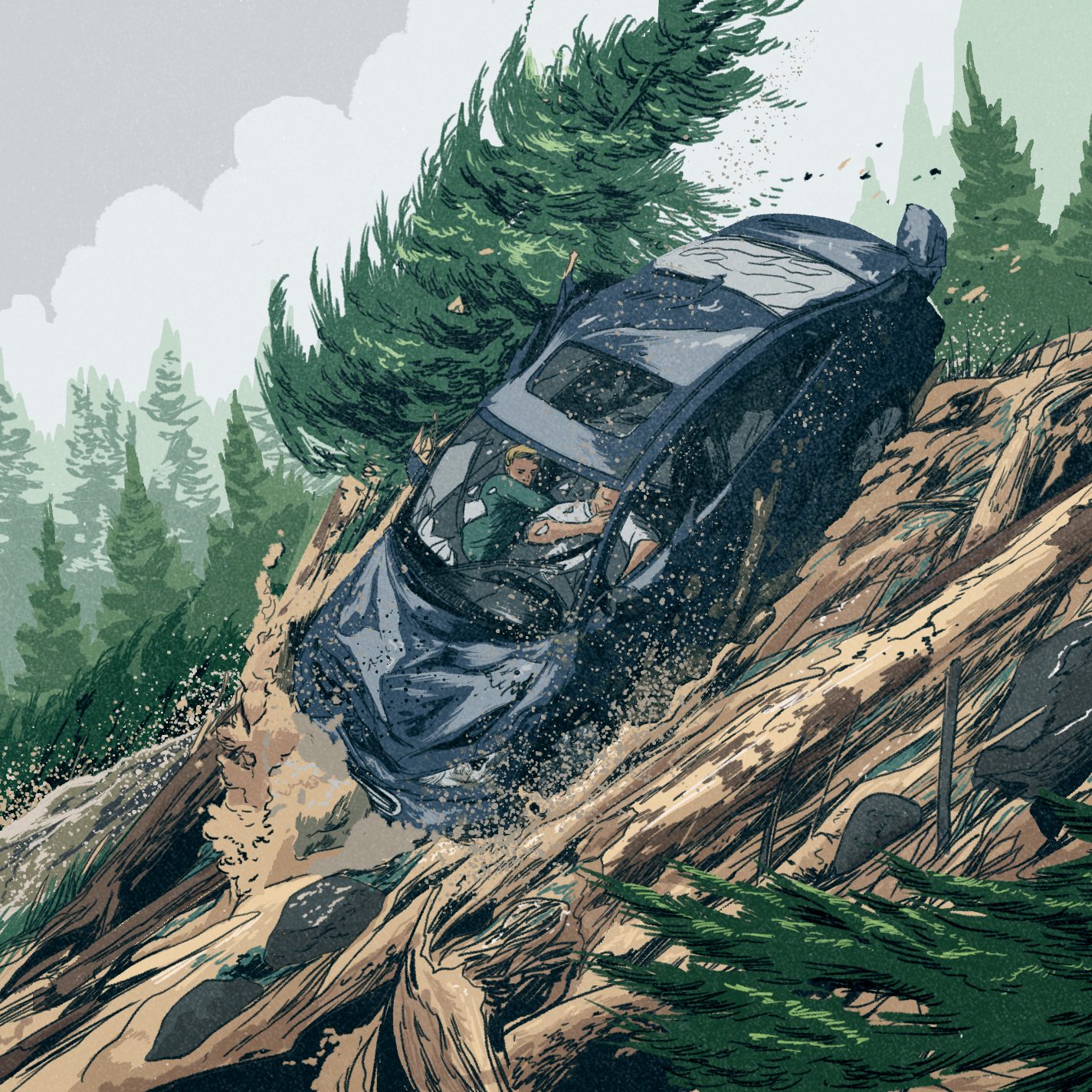 car falling down mountain mudslide