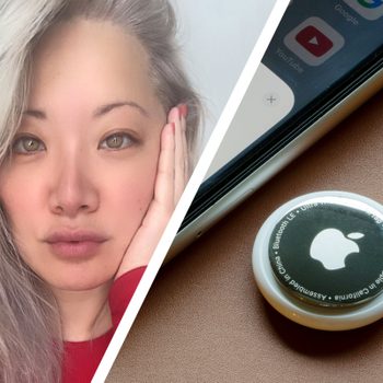 side by side of a headshot of Maggie Kim, the author, with a close up of an apple airtag