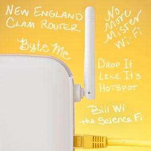 white router on yellow background with funny wi-fi names handwritten around the frame