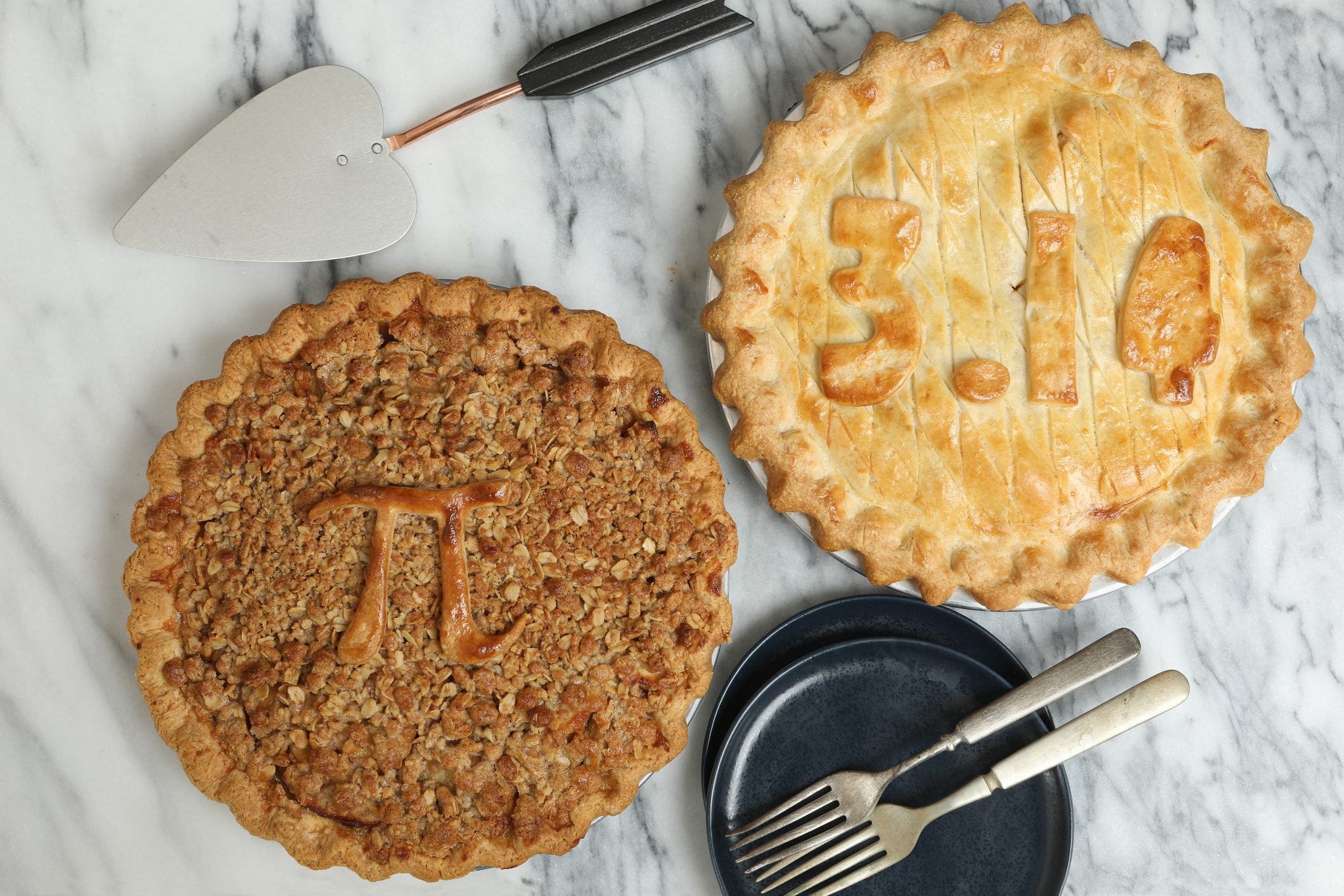 two Pi Pies, one displays the pi symbol itself and the other one shows the value of 3.14.