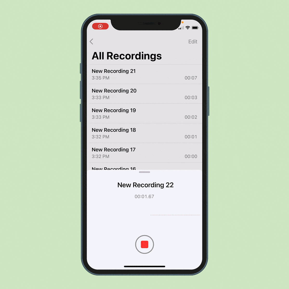 Animated GIF showing Voice Memo function: stop