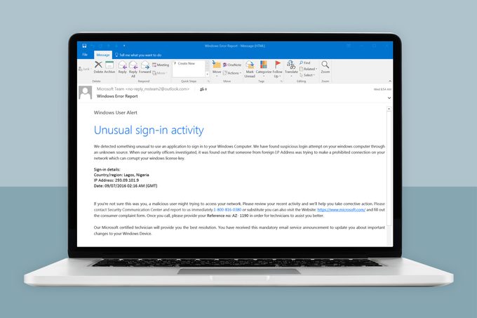 Example of a phishing email within a laptop