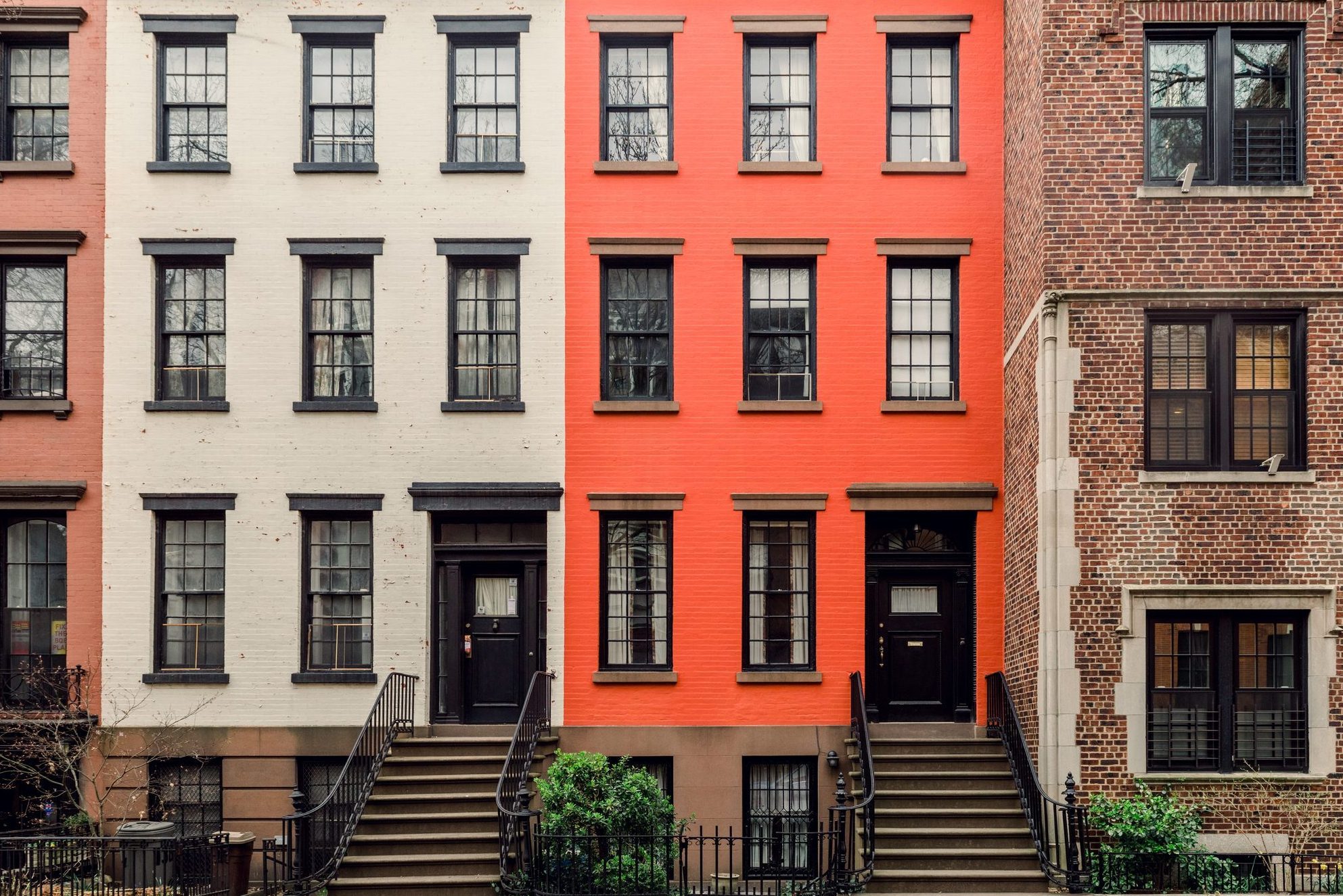 Brownstone facades & row houses in an iconic neighborhood of Brooklyn Heights in New York City