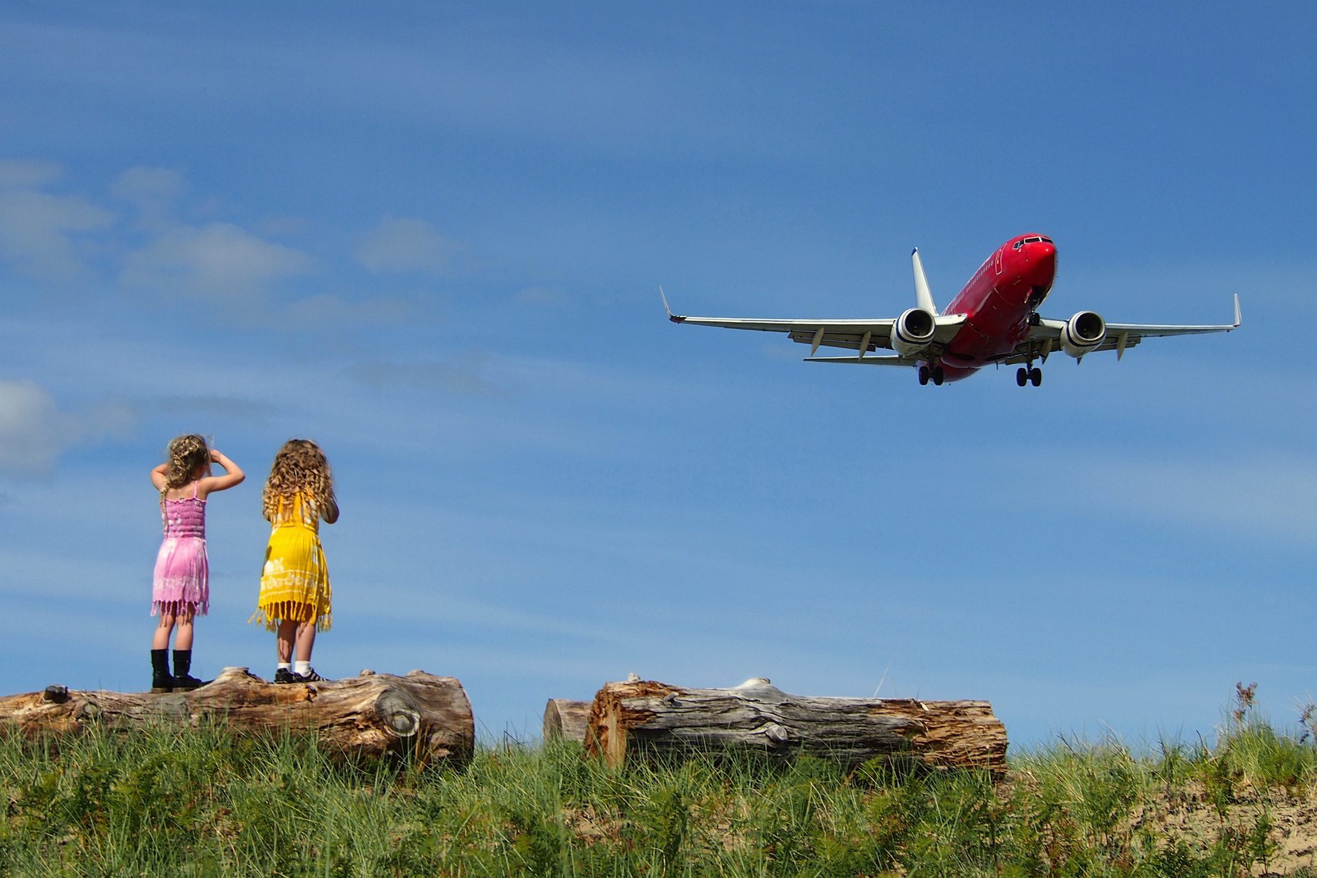 Children standing on log watching aeroplane land