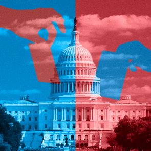 Silhouettes of a blue and red hand holding ballots on a background of the US Capitol building