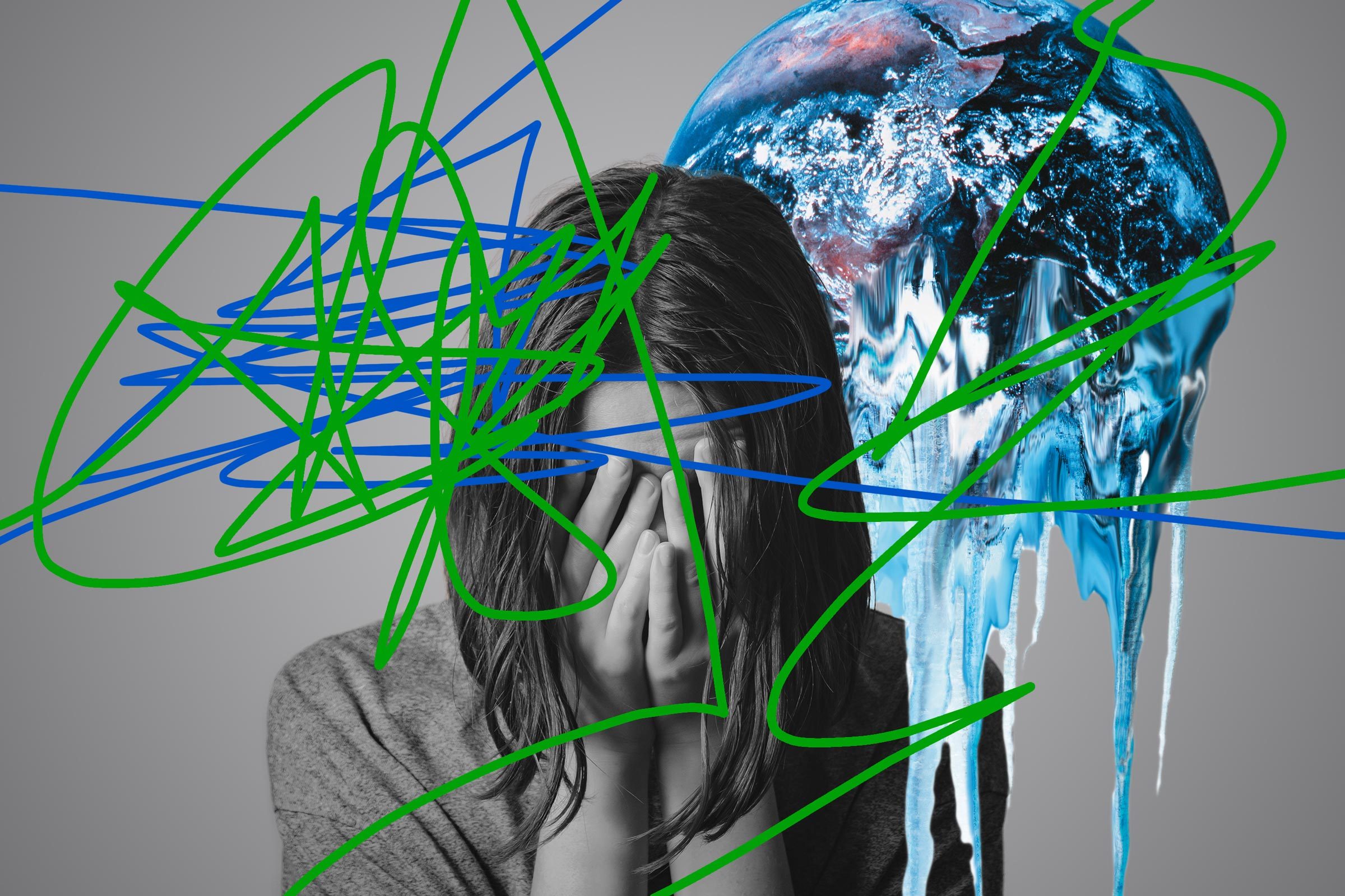 woman covering her face with her hands. to the right, the planet earth drips and melst. anxious blue and green srcibbles arcoss the whole image