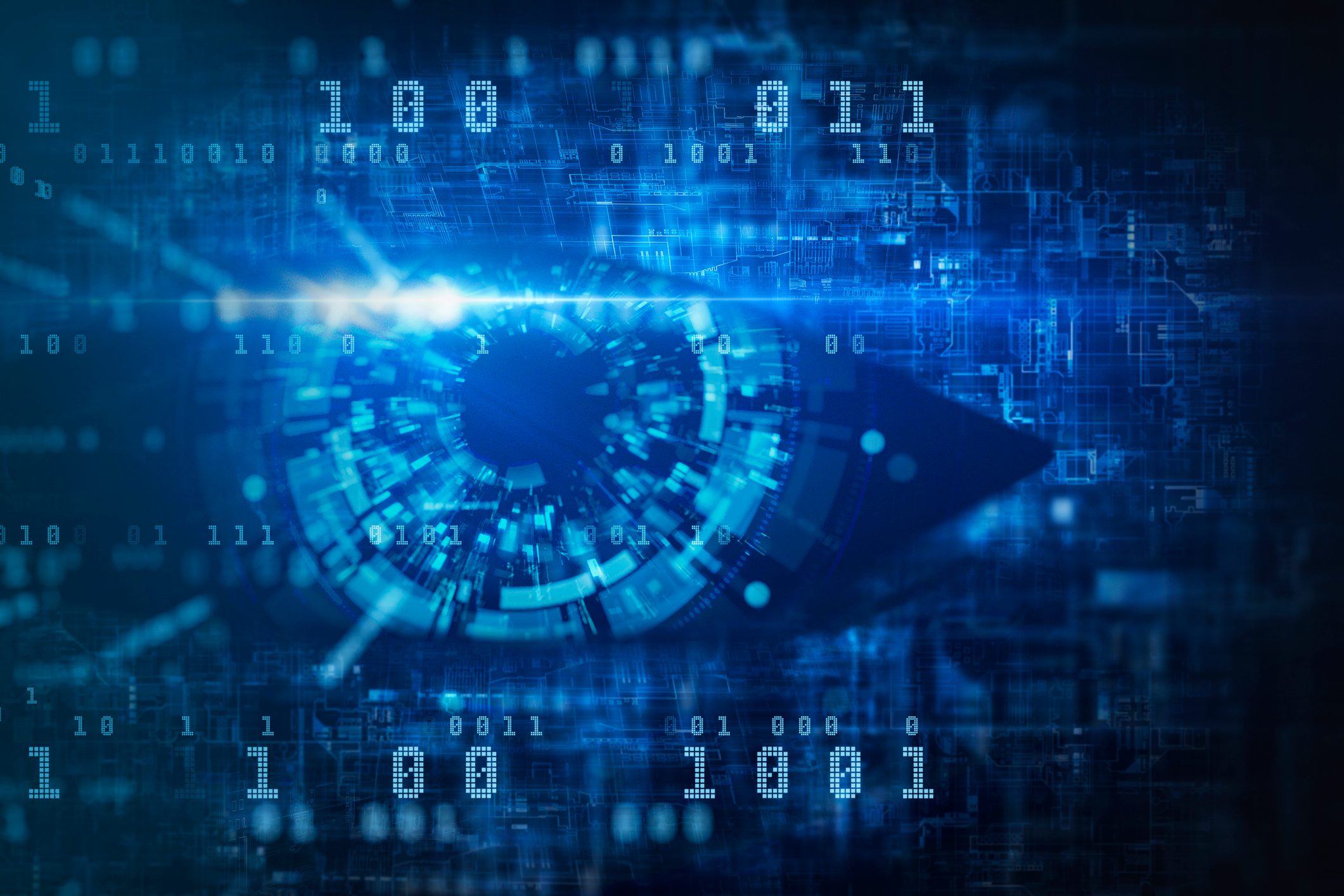 Abstract circuit and mechanical eye on dark background. Digital internet crime illustration