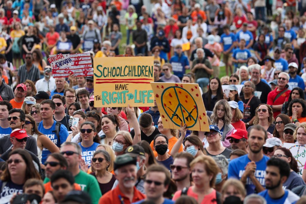 Demonstrators attend a March for Our Lives rally against gun violence on the National Mall June 11, 2022 in Washington, DC.