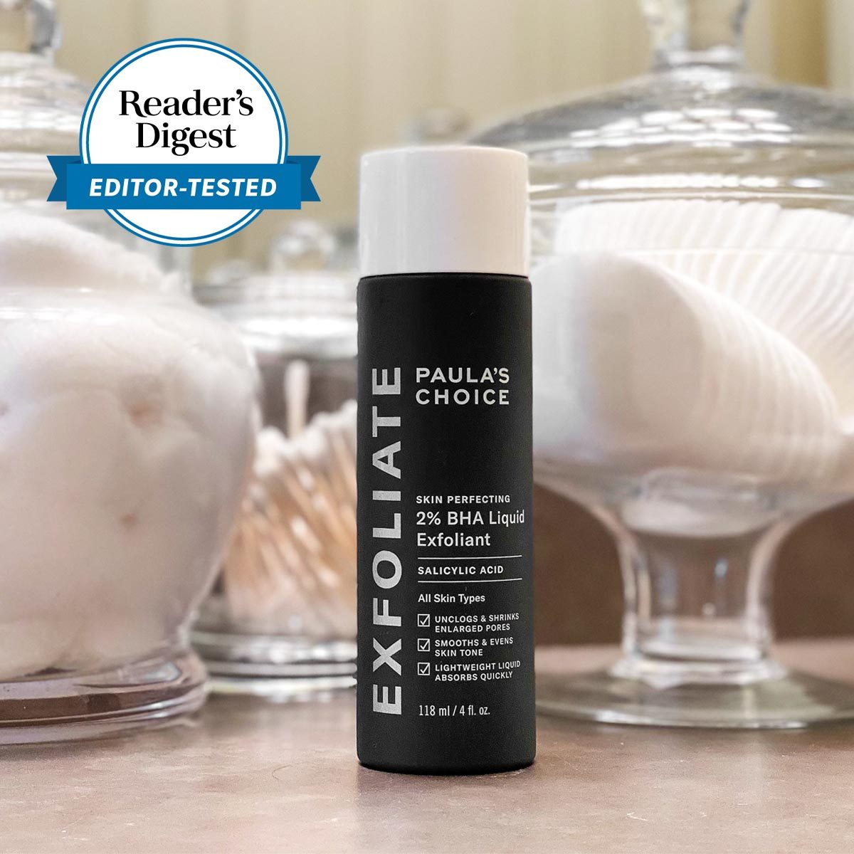 Rd Editor Tested badge in the corner of a photo of Paula's Choice bottle on a bathroom counter top