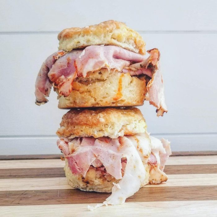 Virginia Country Ham Biscuits stacked on top of eachother