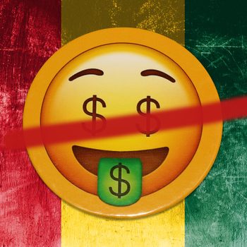 red, yellow, and green juneteenth background with crossed out moneyface emoji on top