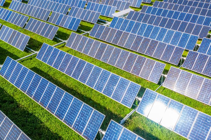 Solar panels in aerial view, Renewable energy with photovoltaic panels.