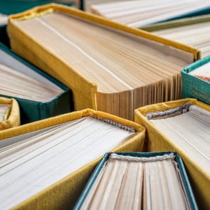 Hardcover books close up, selective focus