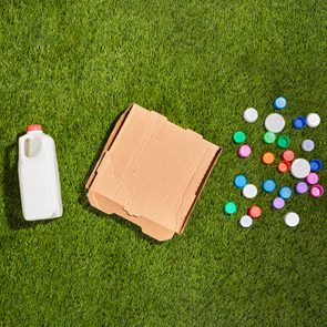 Milk carton, cardboard box, and plastic bottle caps on grass