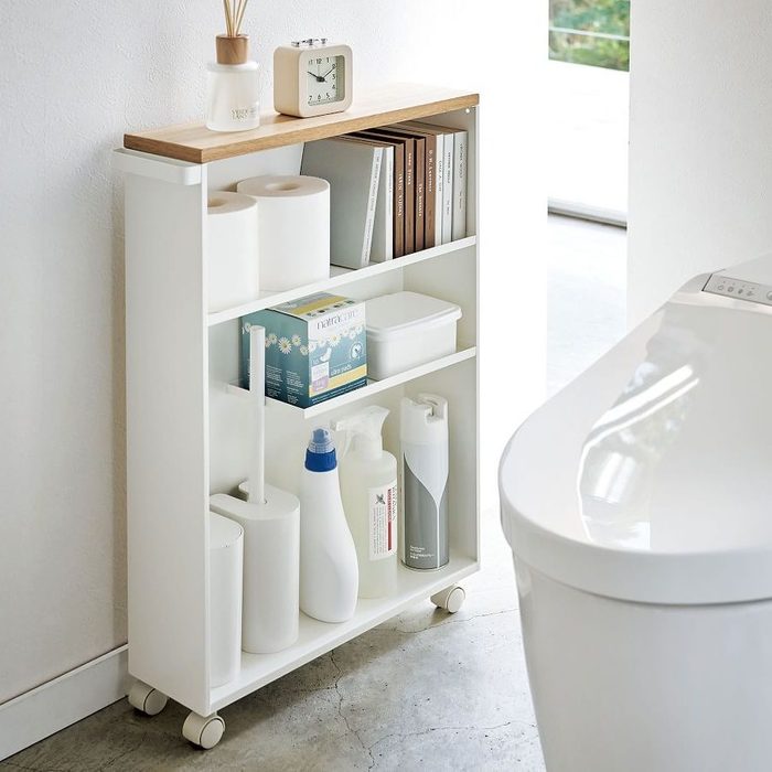 Rd Ecomm Yamazaki Slim Rolling Bathroom Cart With Handle Via Potterybarn.com