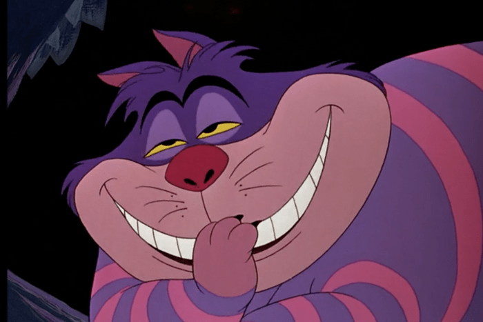 movie still of the Cheshire Cat in Alice in wonderland