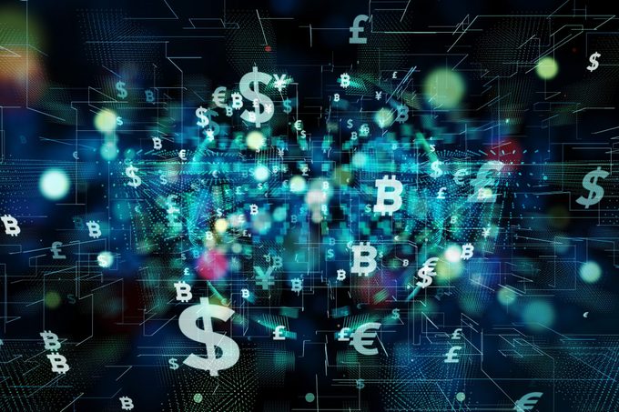 Financial technology concept with usd signs, bitcoin symbols, and other financial symbols