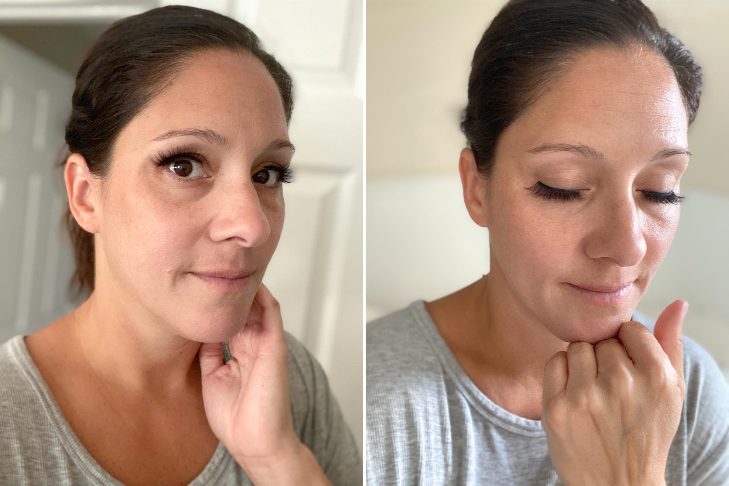 two portraits of a woman wearing magnetic lashes. on the left, she has her eyes open and I the image on the right, she has her eyes closed