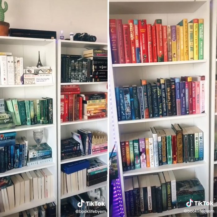 two screenshots of a TikTok video featuring the organization of a bookshelf