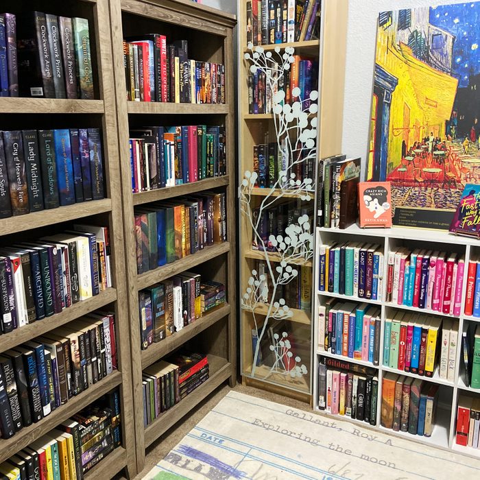 a variety of different kinds of bookcases filled with books filling the corner of a room