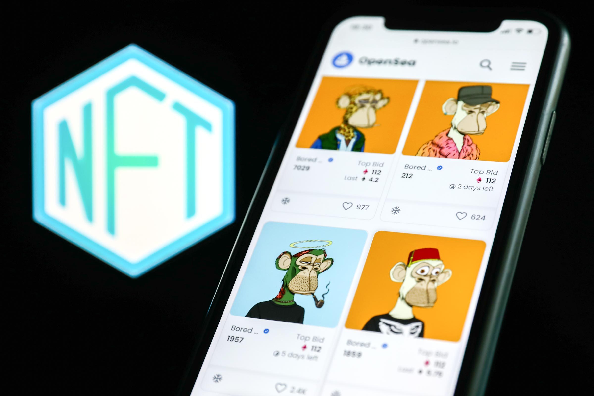 Bored Ape Yacht Club Nfts shown on a phone in the Opensea app