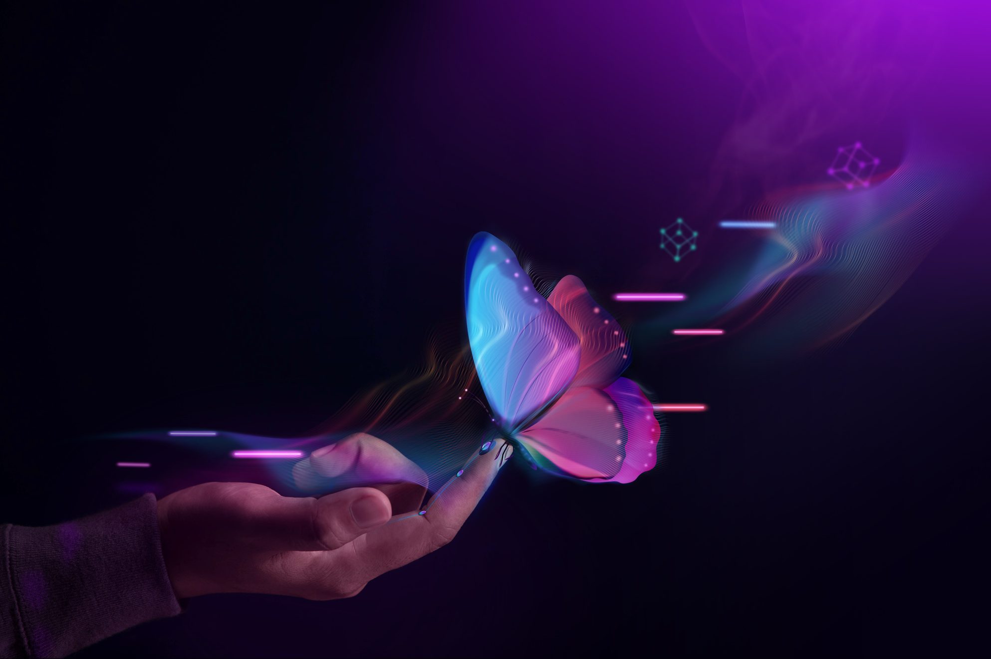 a virtual reality butterfly landing on a hand