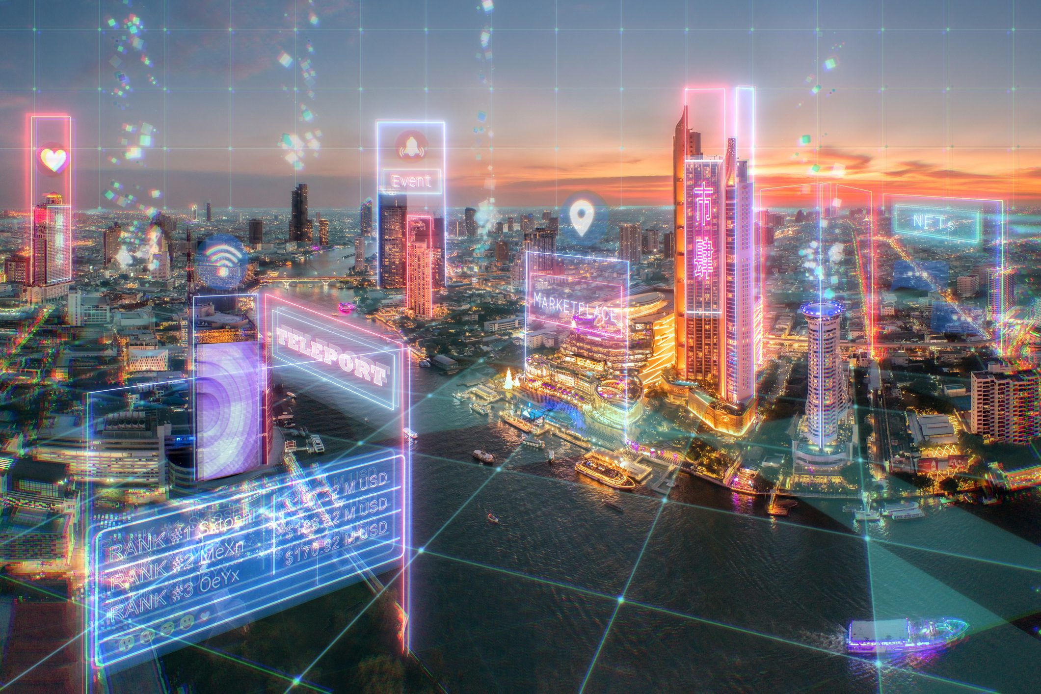 Metaverse Concept in the real city, Futuristic digital design for Smart city and technology in the future