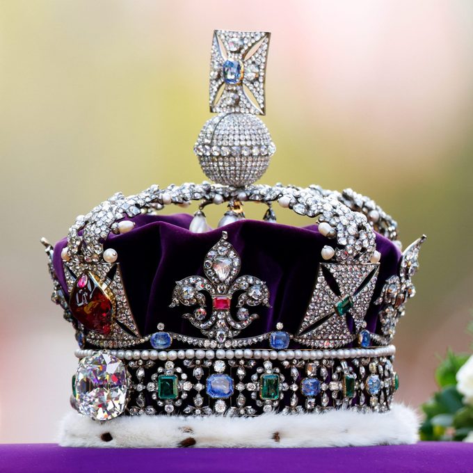 The Coffin Carrying Queen Elizabeth II Is Transferred From Buckingham Palace To The Palace Of Westminster with the imperial crown