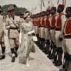 Queen Elizabeth II inspects men of the newly-renamed Queen's Own Nigeria Regiment, Royal West African Frontier Force, at Kaduna Airport, Nigeria, during her Commonwealth Tour, 2nd February 1956.