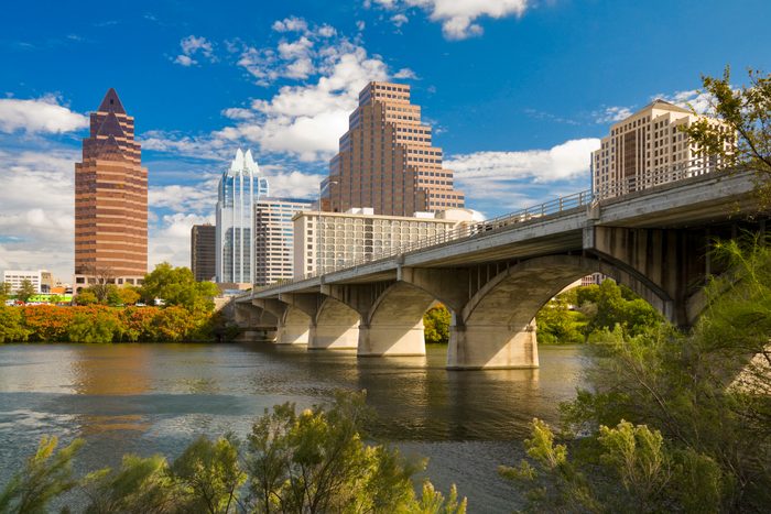 Austin skyline; Congress Avenue Bridge; Town Lake; downtown district
