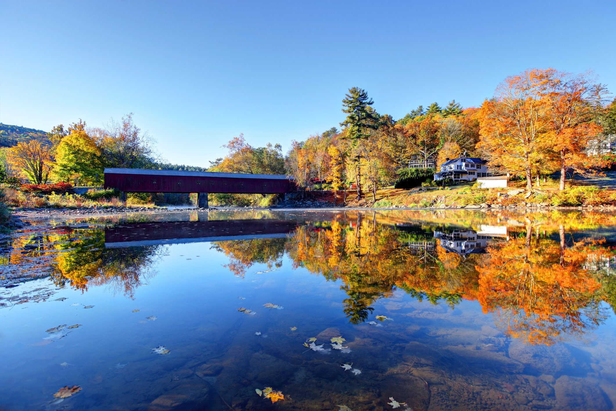 Autumn scene of the West Cornwall Bridge on the Housatonic River in the Litchfield Hills of Connecticut