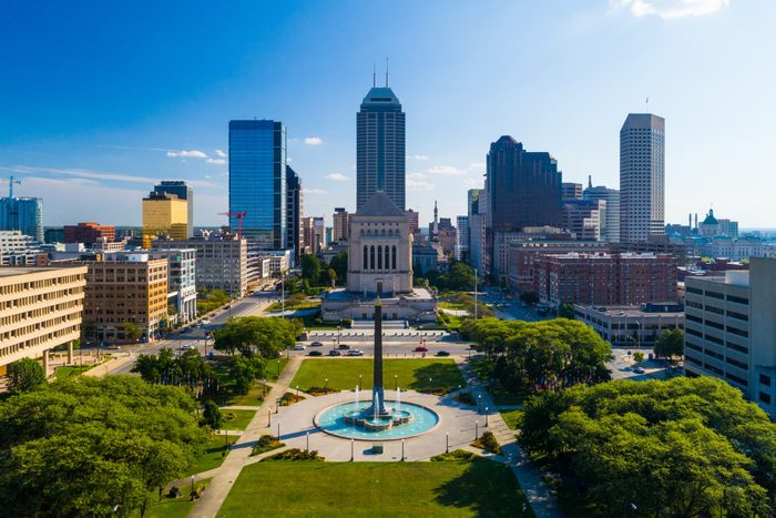 Downtown Indianapolis Aerial with Park and War Memorial