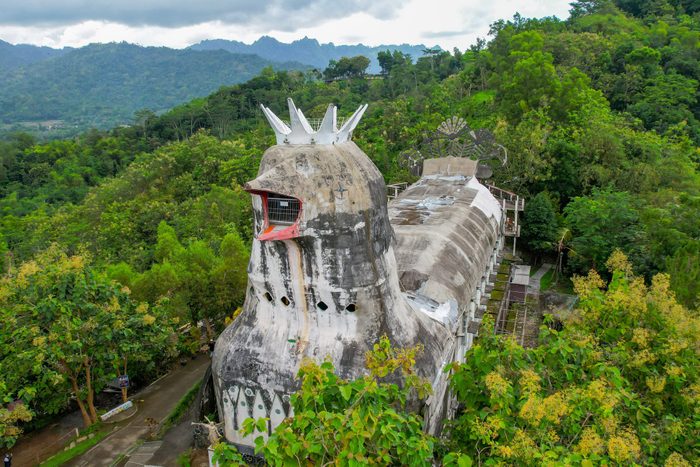 Aerial view of Chiken Church, a unique building on the hill of Rhema