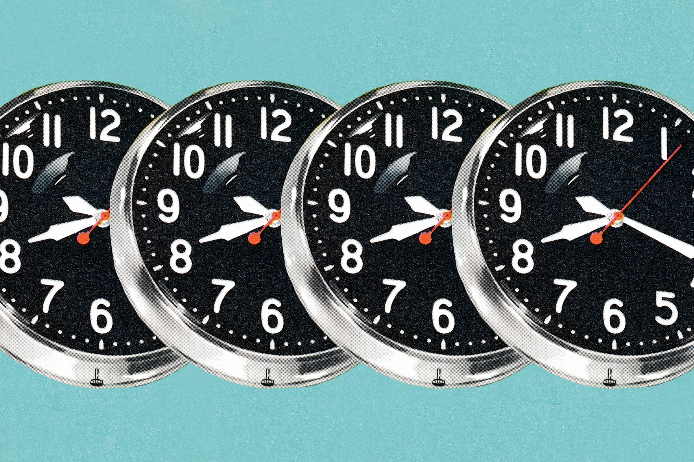 vintage illustration of 4 clocks on a blue background